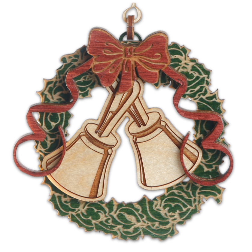 Wooden Ornament - Wreath with Holly and Handbells