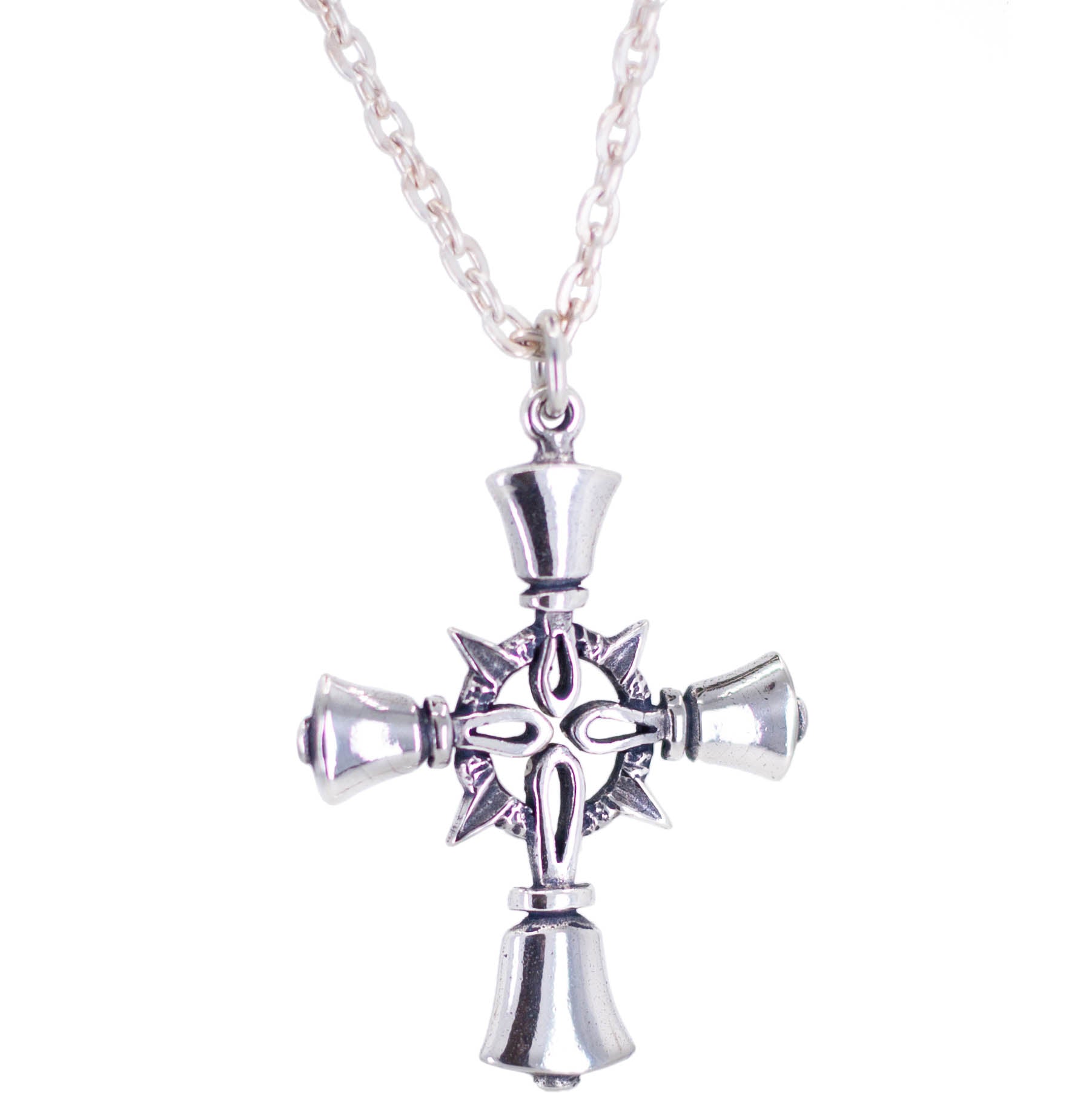 Handbell Cross Pendant with Chain - Sterling Silver