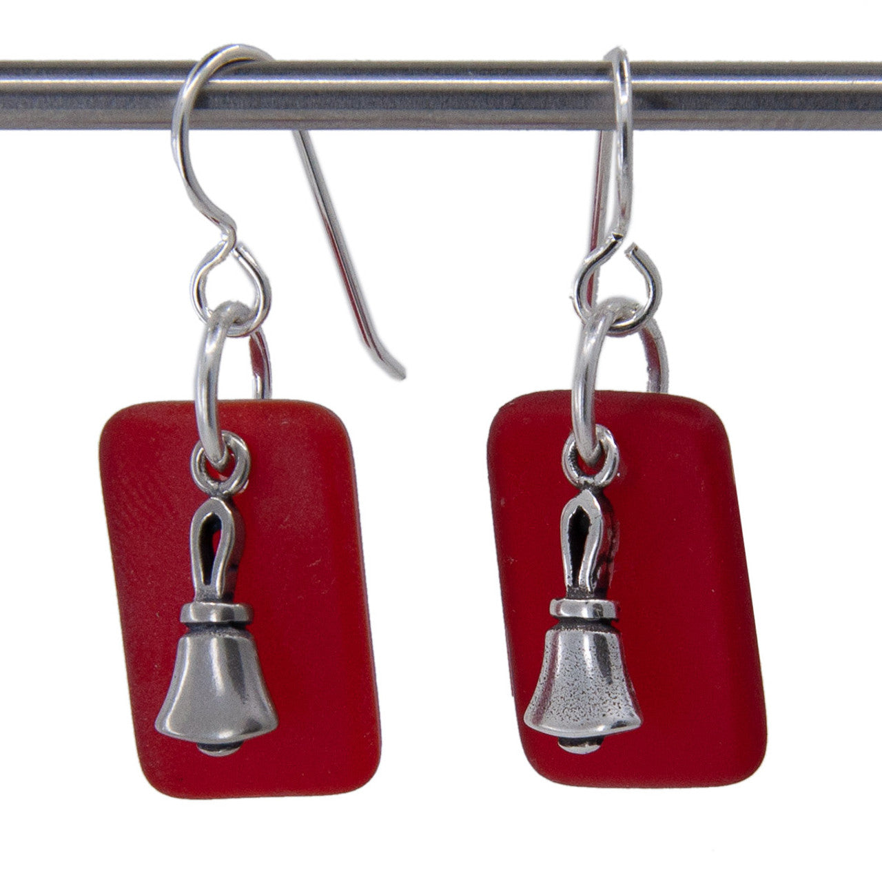 Handbell Earrings - Seaglass with Sterling Silver - red