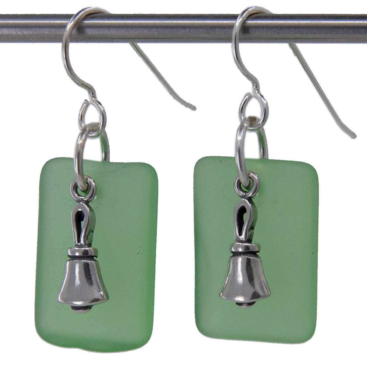 Handbell Earrings - Seaglass with Sterling Silver - green