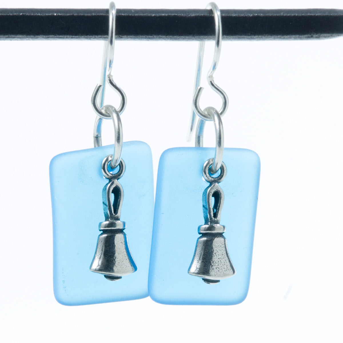 Handbell Earrings - Seaglass with Sterling Silver Bell - Turquoise