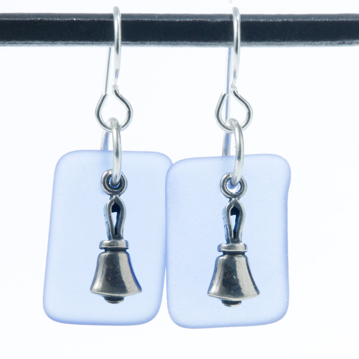 Handbell Earrings - Seaglass with Sterling Silver Bell - Cornflower