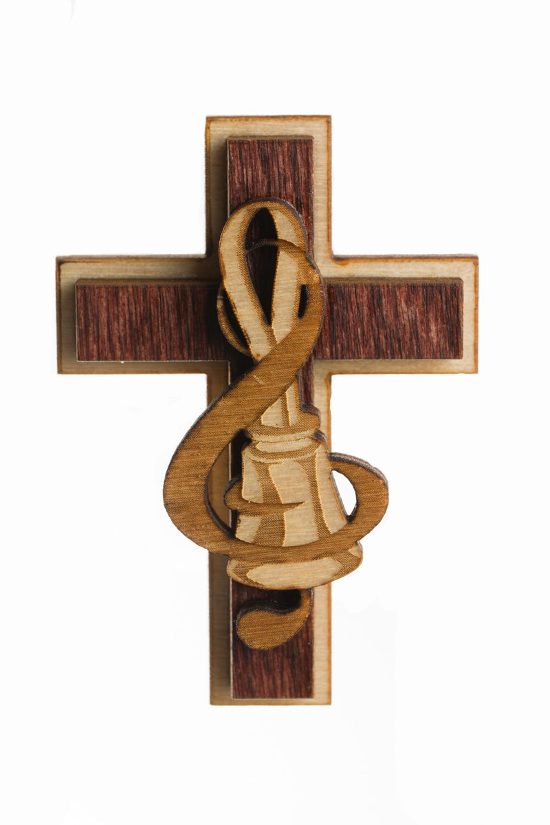 Little Wooden Cross Magnet - Handbell and Treble Clef